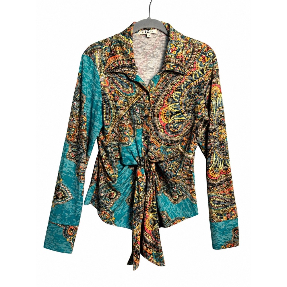 Paris Paisley Tie Front Blouse Womens M Boho Y2K Retro Festival Top USA